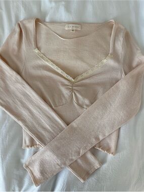 La Hearts Pale Pink Lace-Trim Long Sleeve Knit Top